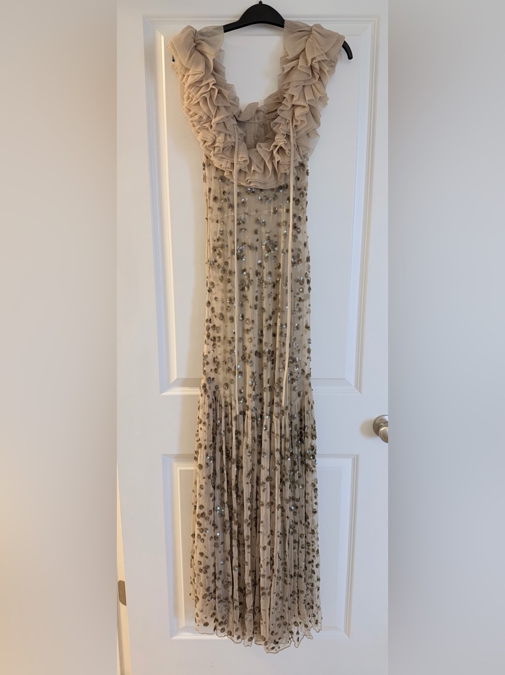 LoveShackFancy Lilliana Sequin Ruffle Mesh Maxi Dress Tan Size 0